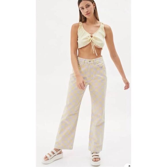 Ragged Priest Lilac Purple & Yellow Checkerboard Wide Leg High Rise Jeans 32 - Picture 1 of 15